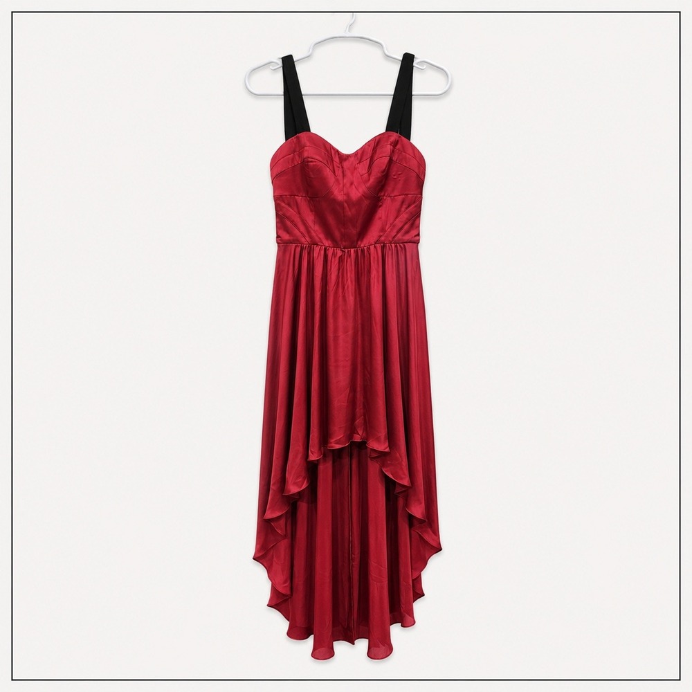 Bebe Womens Brick Red Satin High Low Dress Sweetheart Neck Cutout Back Size M